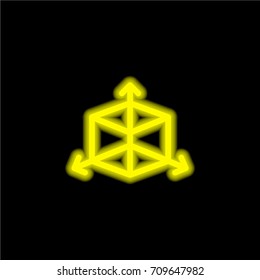 Cube with arrows yellow glowing neon ui ux icon. Glowing sign logo vector