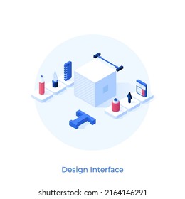 Cube and artistic tools. Concept of digital product design interface, creation of marketing plan, brand building strategy, graphic editor. Modern isometric vector illustration for banner, poster.