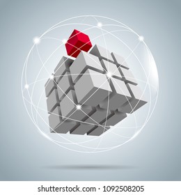 Cube assembled of blocks,puzzle blocks, one of which is red.