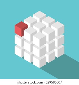 Cube assembled of many white blocks and a red one. Missing piece, uniqueness and teamwork concept. Flat design. EPS 8 vector illustration, no transparency