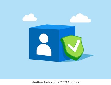 Cube with avatar with green shield check mark. Good employee recruitment or customer. Flat vector illustration