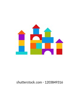 Cube baby toy. Vector. Wooden blocks toy. Bricks kids building tower, castle, house. Icon isolated on white background in flat design. Cartoon illustration.