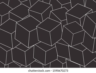 Cube background. Random 3D dark cube with lines. White cube lines.