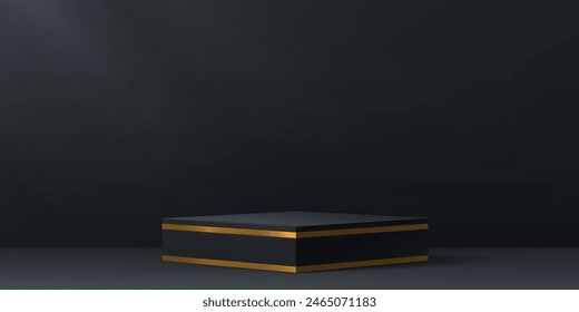 Cube black podium pedestal stage with golden frame for product display, vector showcase. Black square block platform with gold metal glitter frame borders or luxury premium podium showcase background