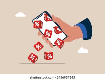 Cube block with percentage icons fall from a smartphone. Interest, financial and mortgage rates. Flat vector illustration. 