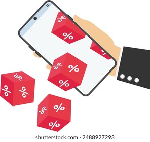 Cube block with percentage icons fall from a smartphone. Interest, financial and mortgage rates. Flat vector illustration.

