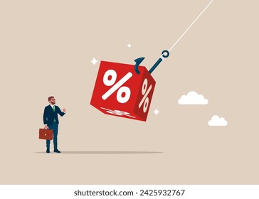 Cube block with percentage on fishing hook. Interest, financial and mortgage rates. Modern vector illustration in flat style