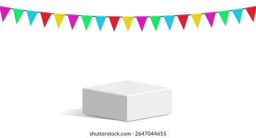 Cube block podium stage pedestal and platform with festival flag scene, vibrant geometric display composition. Ideal for event promotions, celebratory showcases, awards ceremonies and festive