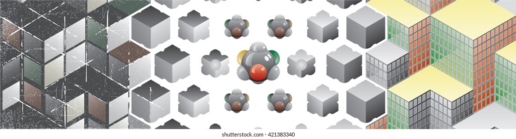 Cube Blocks Composition Transforming from the Stone Chaos to the Buildings Order through the Basic Atomic Structure - Red Green Yellow