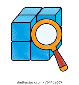 cube with blocks with magnifying glass