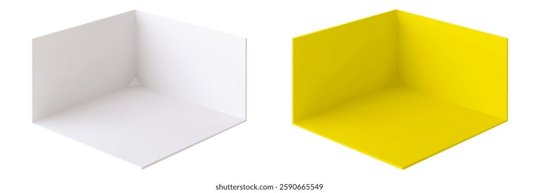 Cube box or corner room cross section in vector realistic 3D. White and yellow square box cubes or room corners for interior mock up