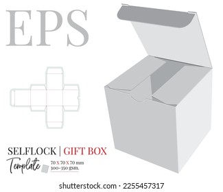 Cube Box die cut template, vector. White, clear, blank, isolated decorative Cube Box mock up on white background with perspective view. Self locking packaging Design