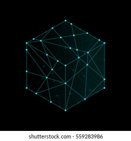 Cube Box Isometric Icon Illustration Blue Green Color, Dot Outline Stroke Design Isolated On Black Background