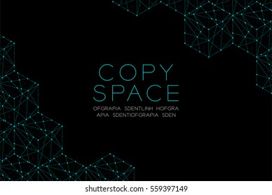Cube box isometric pattern illustration blue green color, dot outline stroke design isolated on black background, with copy space