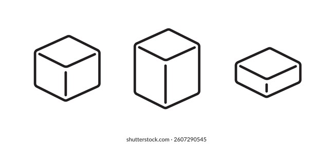Cube box package box size or dimension line stroke art outline icon pictogram graphic set, peace of ice of sugar sign symbol idea, 3d model view or small and large tall item element image clip art