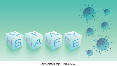 Cube boxes with virus "stay home, stay safe". Cover Post Vector Eps. 