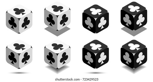 Cube with card club in black and white colors, isometric cube with card suit on sides, vector icon of playing club