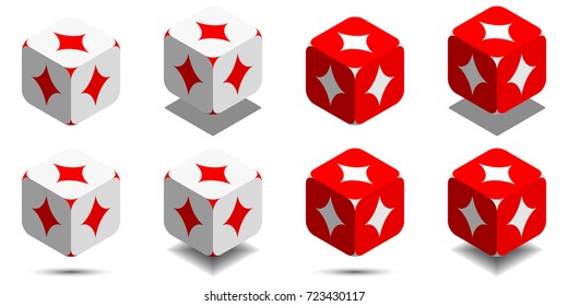 Cube with card diamond in red and white colors, isometric cube with card suit on sides, vector icon of playing diamond