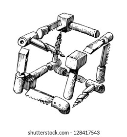 cube  of  carpentry  tools  on a white background