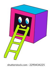 Carácter cubo con expresión facial, boca y ojos sonrientes, escalera. Personaje abstracto aislado, dibujo de garabatos o niños, caricatura ficticia o representación. Vector de estilo plano