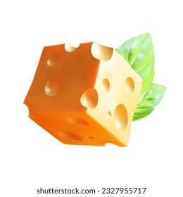 Cube of cheese with basil leaves on white background. EPS10 vector