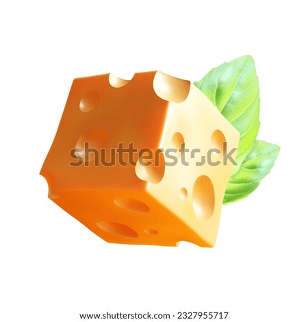 Cube of cheese with basil leaves on white background. EPS10 vector