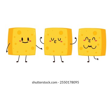 Cube cheese character. Funny food emoticon in flat style. Dairy emoji vector illustration.