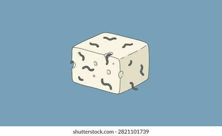 Cube of cheese with worms crawling through it on a solid background.