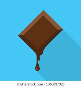Cube of chocolate flat icon with long shadow isolated on blue background. Simple chocolate in flat style, vector illustration.