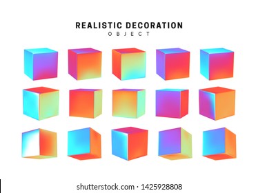 cube collection. set of geometric 3d objects isolated on white background. Gradient hologram color shades. Realistic elements vector