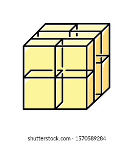 Cube color icon. Geometric gridded figure. Graphic abstract shape. Transparent blocks and clear boxes. Polygonal decorative element. Complex isometric form. Isolated vector illustration