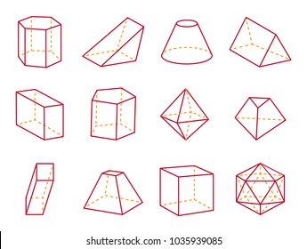 Cube and cone with flat top, cube and cone, triangular prism geometric shapes prism and cuboid, icosahedron set, vector illustration, isolated on white