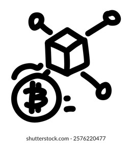 a cube connected to a Bitcoin symbol, representing the concept of cryptocurrency mining or blockchain technology