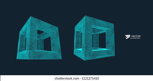 Cube. Connection structure. 3d grid design. Technology style. Molecular lattice.