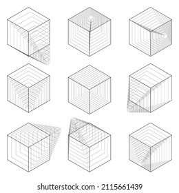 Cube construction isometric set. 9 black geometric cubes isolated on white background. Vector Illustration
