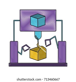 cube design with robotic hands in color crayon silhouette vector illustration