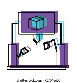 cube design with robotic hands watercolor silhouette with thick contour vector illustration