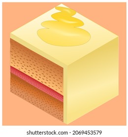 The cube of dessert with marzipan icing and whipped cream on top