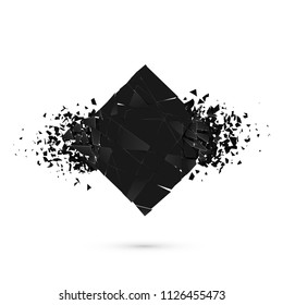 Cube destruction. Squared black banner with space for text. Abstract shape explosion. Vector illustration isolated on white backgrond