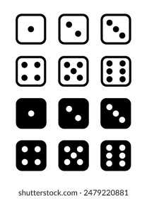 Cube dice game for casino betting odds. Six-sided cube-shaped dice. Choice, game, fun toy, seeking luck. Icon set with isolated white and black cube vector illustration