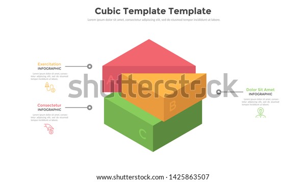 Cube divided into 3 colorful parts or pieces\
and place for text. Concept of three features of startup project.\
Volumetric infographic design template. Modern vector illustration\
for business analysis.