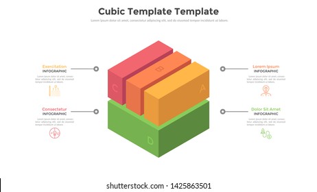 Cube divided into 4 colorful parts or pieces and place for text. Concept of four features of startup project. Volumetric infographic design template. Modern vector illustration for business analysis.