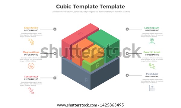 Cube divided into 6 colorful parts or pieces\
and place for text. Concept of six features of startup project.\
Volumetric infographic design template. Modern vector illustration\
for business analysis.