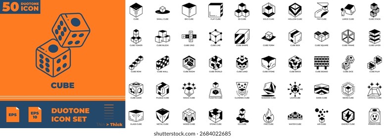 Conjunto de Ícones Editáveis Duotônicos do Cubo. Ilustração vetorial em estilo duotônico fino moderno de ícones do cubo: caixa, quadrado, bloco, etc