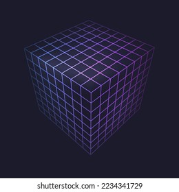Cube figure, low poly line geometric shape of neon color, isolated vector 3d square hologram. Polygonal mathematics and geometry figures, 3D square lattice