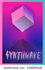 Cube floating above mountains. Synthwave surreal retrofuturistic style illustration.