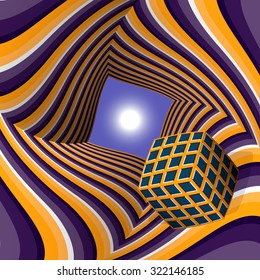 Cube flying to the sun through a tunnel. Abstract vector illustration with optical illusion of movement.