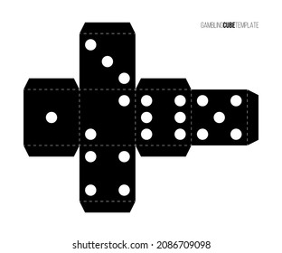 Cubo para la plantilla de papel de juego. Cajas de casino e ilustración de vectores de juegos de juego. Cubo de póquer recortando el plano blanco y negro, números con puntos aislados en fondo blanco.