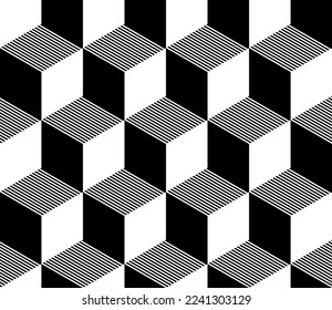 Cube geometric seamless pattern. Isometric cube pattern. Black and white colors. Pseudo 3d. Vector