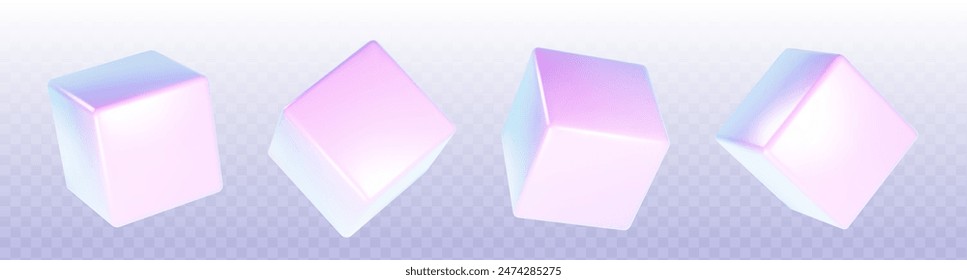 Cube geometric shape in different angle of view with hologram effect. Realistic 3d render vector illustration set of flying metal or glossy plastic square box with iridescent holographic light.